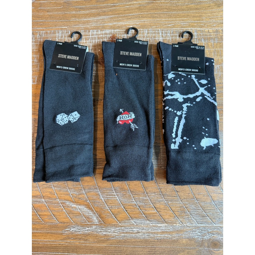 NWT Steve Madden Mens Crew Socks LOT Black Dice Heart Tattoo Splatter 6-12.5 Art